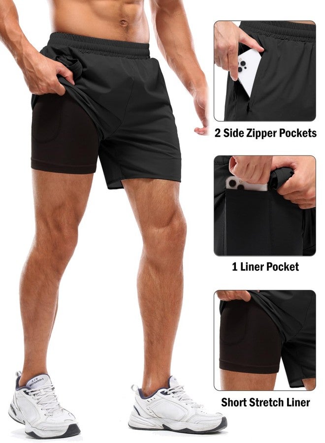 Aolesy Men's Workout Shorts with Liner 5 Inch Quick Dry 2 in 1 Running Shorts for Men Sports Athletic Gym Shorts with Zipper Pockets Black - Image 5